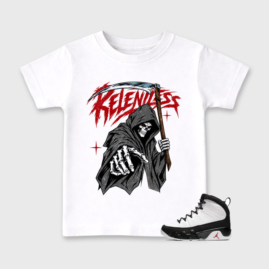 Relentless Baby & Kids Graphic T-Shirt featuring original artwork designed to match the Air Jordan 9 True Red. White 1 Kids Graphic Tee.