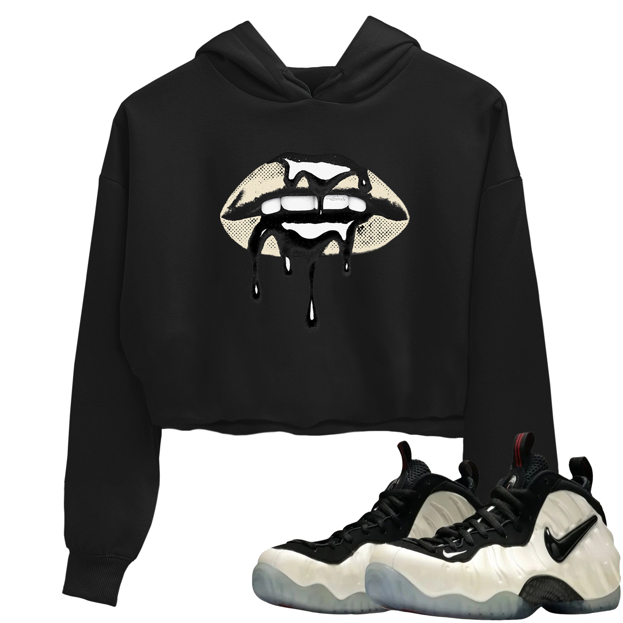 Sneaker Threads – Sneaker Tees To Match Air Foamposite One Pearl – Retro Dripping Lips Crop Tee Black 1. Perfect for Jordan releases 2025 colorways.