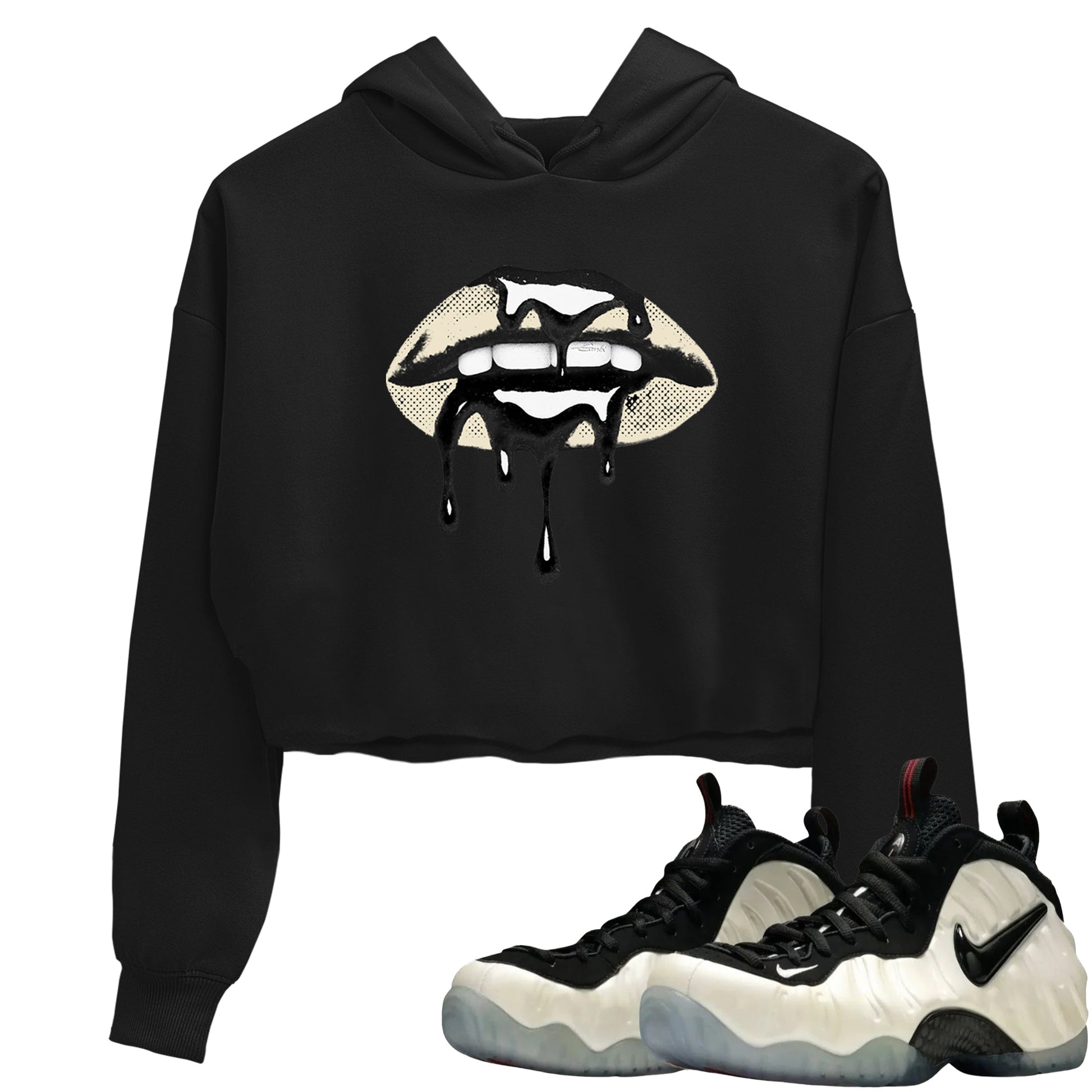 Sneaker Threads – Sneaker Tees To Match Air Foamposite One Pearl – Retro Dripping Lips Crop Tee Black 1. Perfect for Jordan releases 2025 colorways.