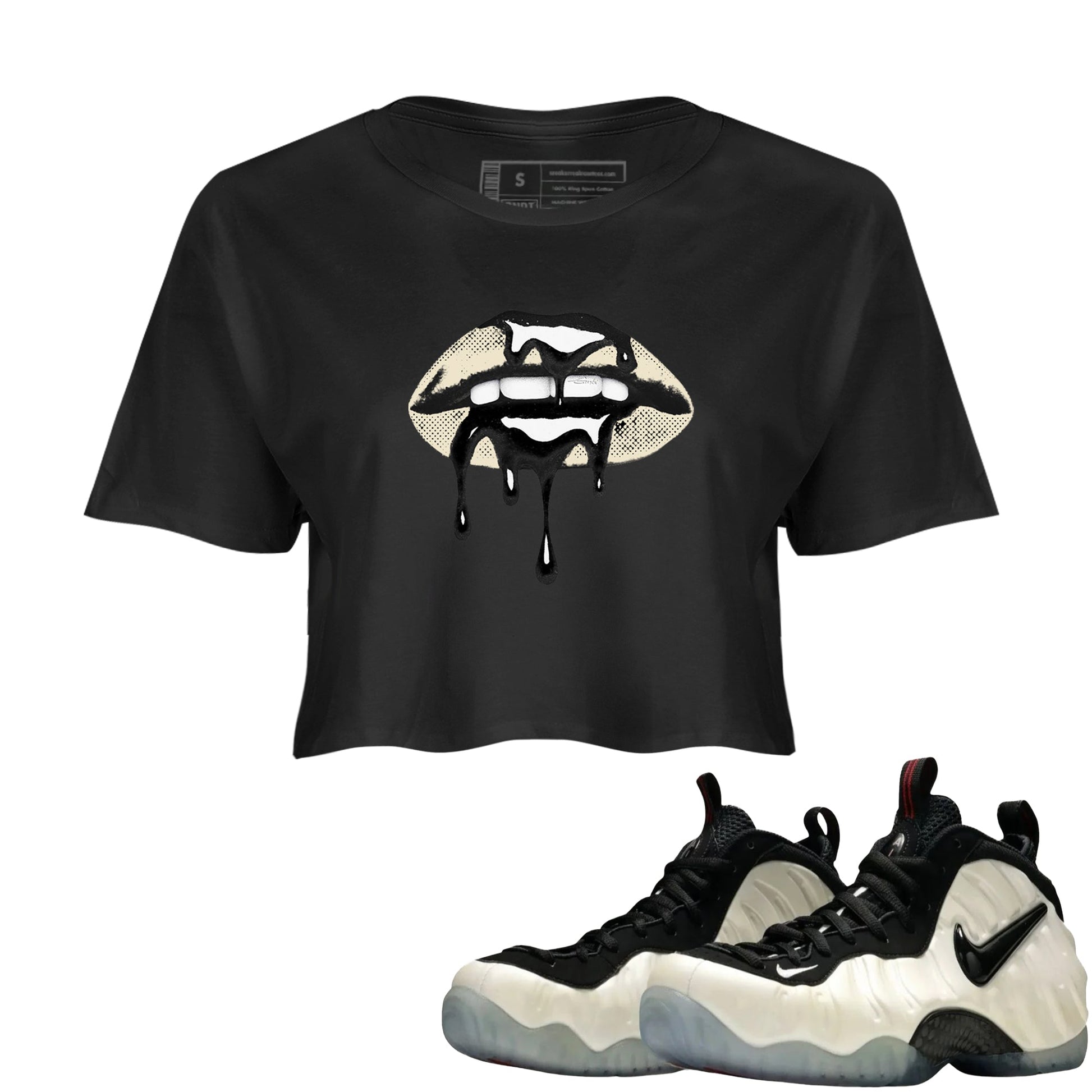 Sneaker Threads – Sneaker Tees To Match Air Foamposite One Pearl – Retro Dripping Lips Crop Tee Black 1. Perfect for Jordan releases 2025 colorways.