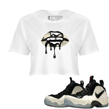 Sneaker Threads – Sneaker Tees To Match Air Foamposite One Pearl – Retro Dripping Lips Crop Tee White 1. Perfect for Jordan releases 2025 colorways.