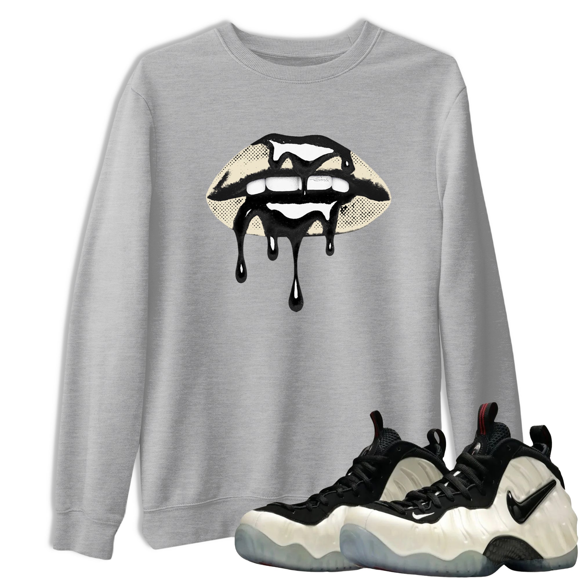 Sneaker Threads – Sneaker Tees To Match Air Foamposite One Pearl – Retro Dripping Lips Graphic Tee Heather Grey 1. Perfect for Jordan releases 2025 colorways.