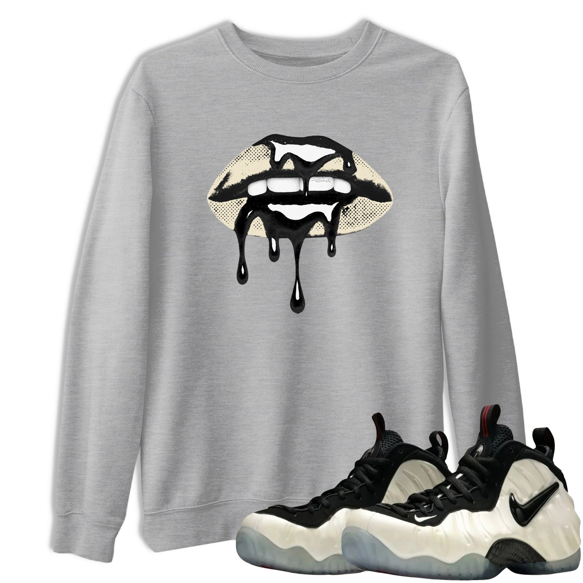 Sneaker Threads – Sneaker Tees To Match Air Foamposite One Pearl – Retro Dripping Lips Graphic Tee Heather Grey 1. Perfect for Jordan releases 2025 colorways.