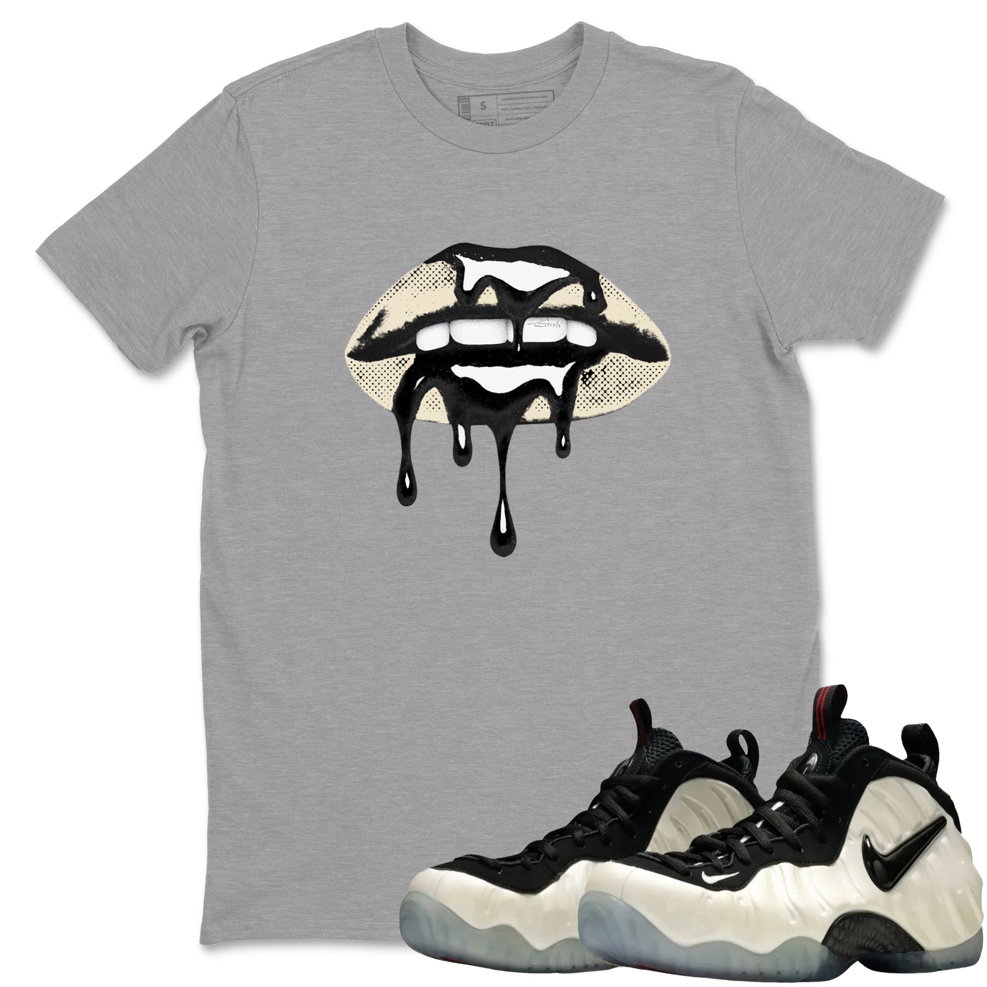 Sneaker Threads – Sneaker Tees To Match Air Foamposite One Pearl – Retro Dripping Lips Graphic Tee Heather Grey 1. Perfect for Jordan releases 2025 colorways.