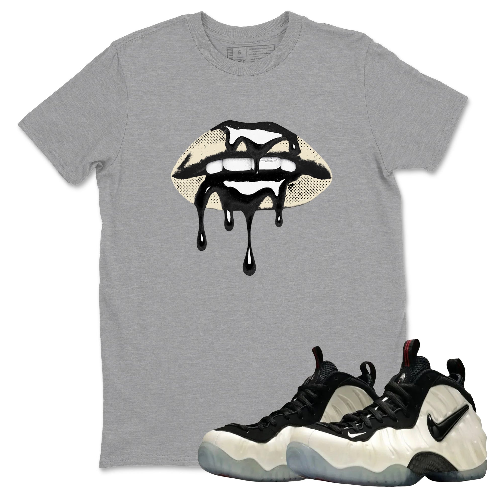 Sneaker Threads – Sneaker Tees To Match Air Foamposite One Pearl – Retro Dripping Lips Graphic Tee Heather Grey 1. Perfect for Jordan releases 2025 colorways.
