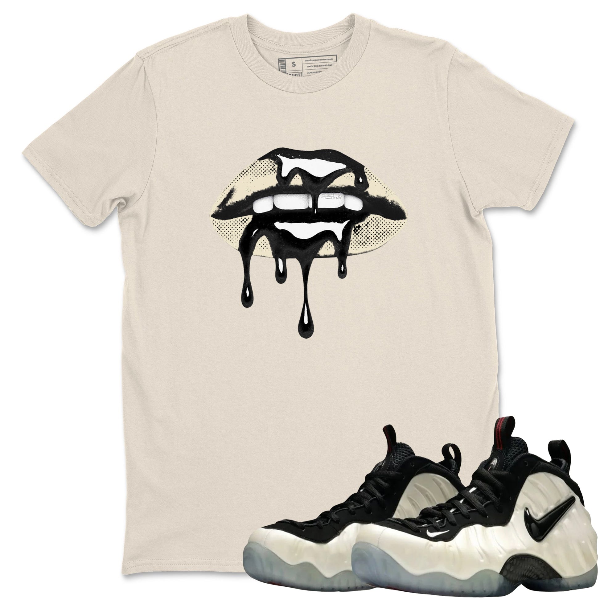 Sneaker Threads – Sneaker Tees To Match Air Foamposite One Pearl – Retro Dripping Lips Graphic Tee Natural 1. Perfect for Jordan releases 2025 colorways.