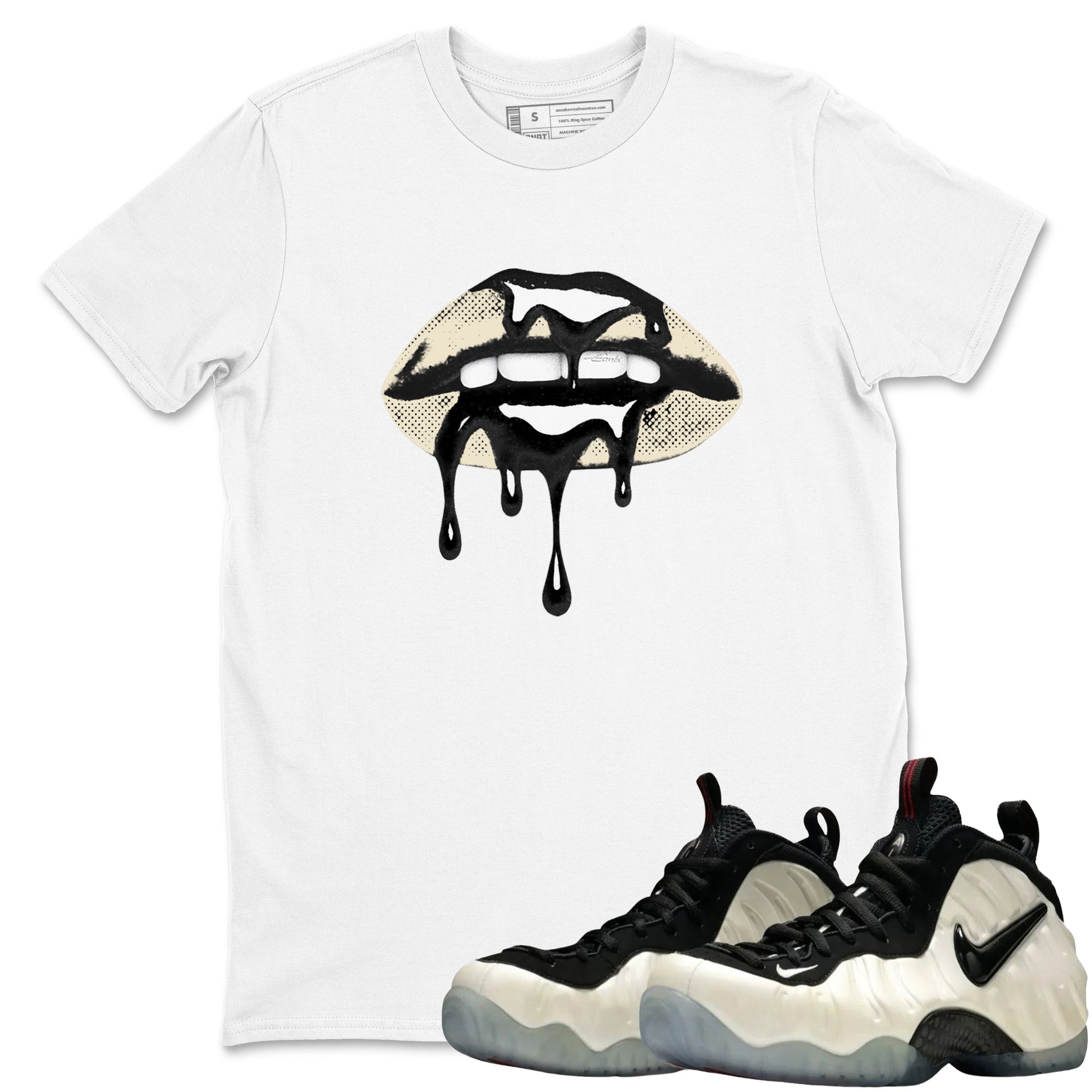 Sneaker Threads – Sneaker Tees To Match Air Foamposite One Pearl – Retro Dripping Lips Graphic Tee White 1. Perfect for Jordan releases 2025 colorways.