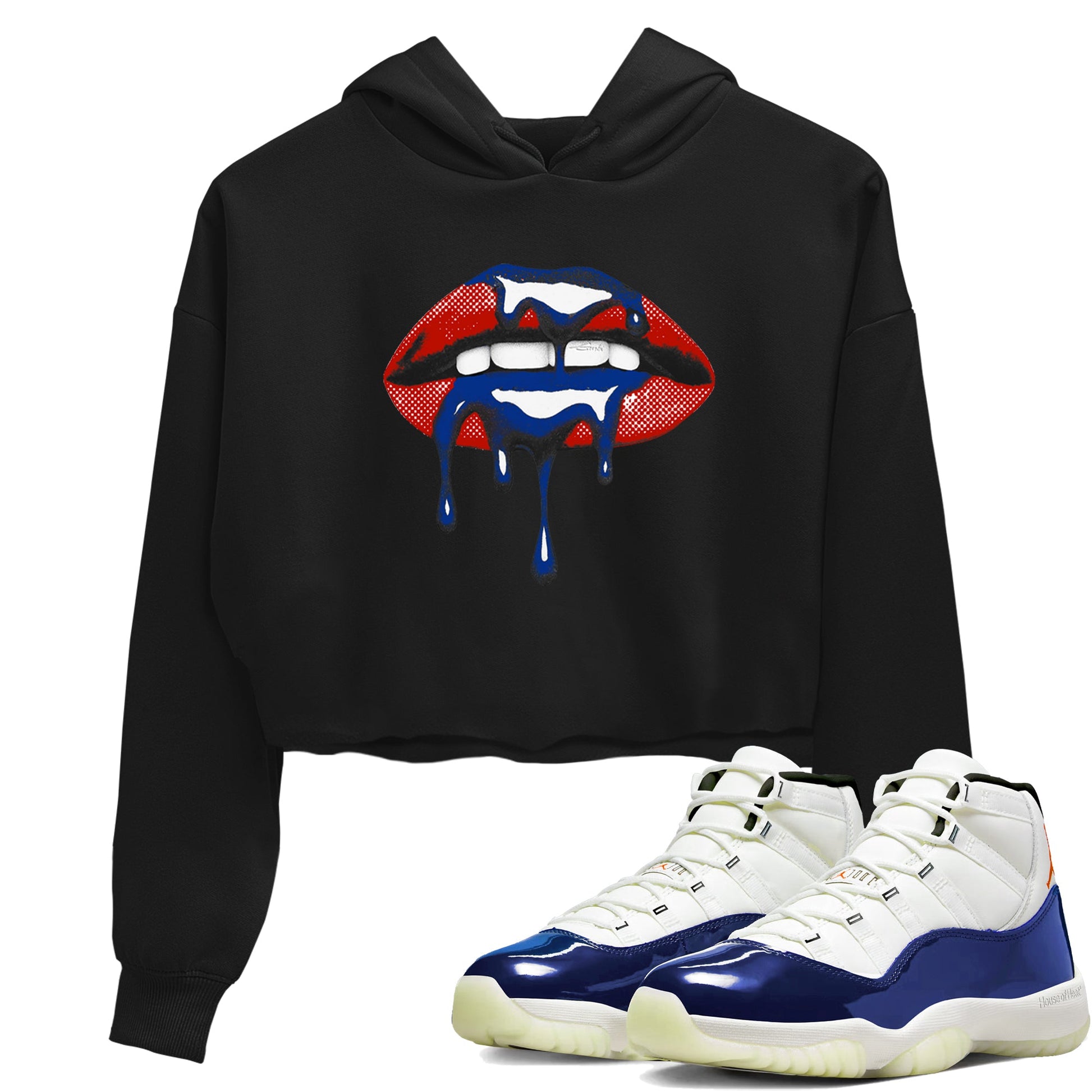 Sneaker Threads – Sneaker Tees To Match Air Jordan 11 Rare Air – Retro Dripping Lips Crop Tee Black 1. Perfect for Jordan releases 2025 colorways.
