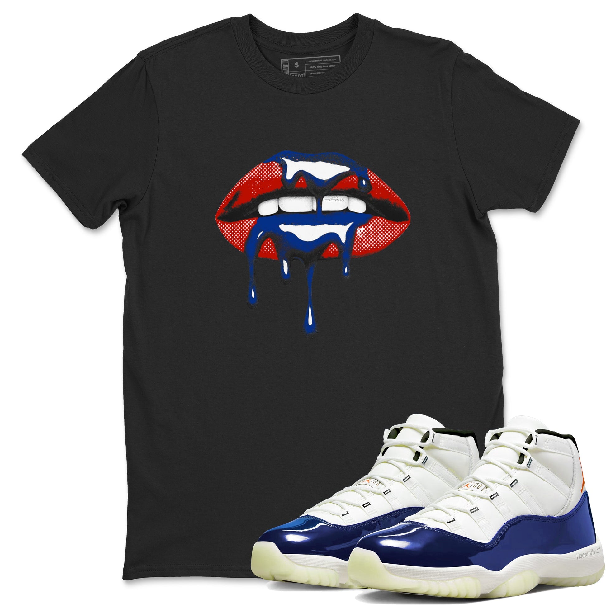 Sneaker Threads – Sneaker Tees To Match Air Jordan 11 Rare Air – Retro Dripping Lips Graphic Tee Black 1. Perfect for Jordan releases 2025 colorways.