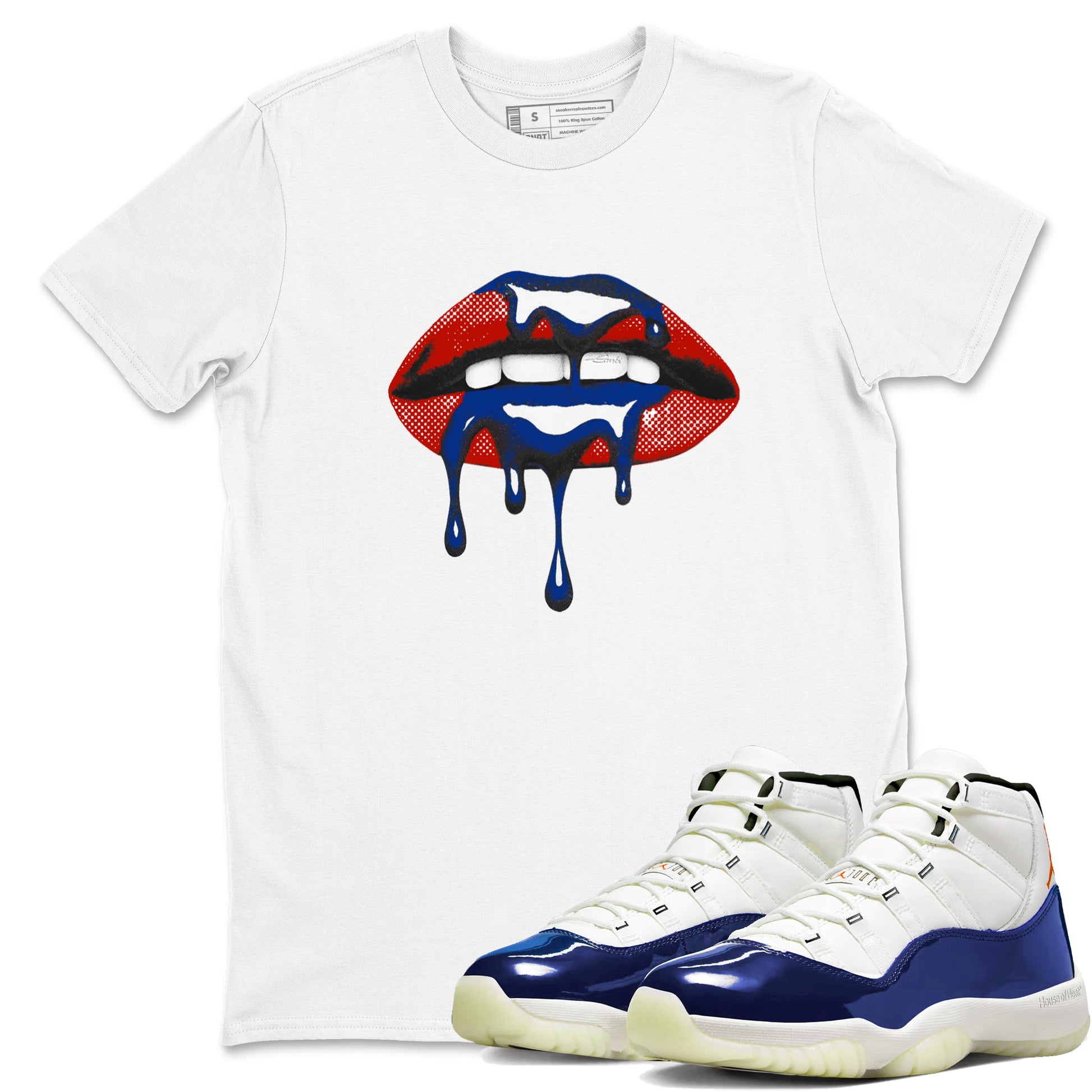 Sneaker Threads – Sneaker Tees To Match Air Jordan 11 Rare Air – Retro Dripping Lips Graphic Tee White 1. Perfect for Jordan releases 2025 colorways.