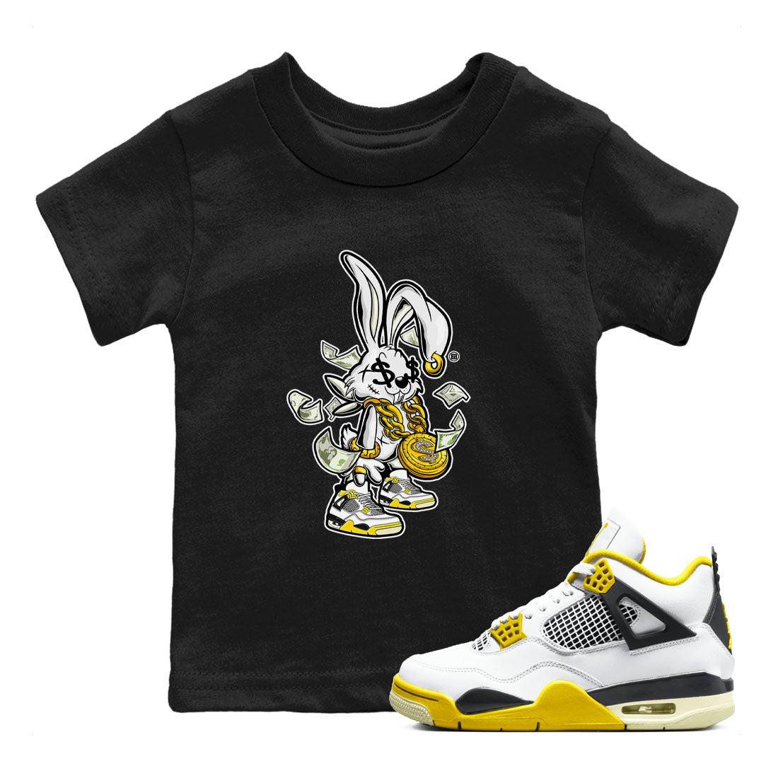 4s Vivid Sulfur shirt to match jordans Rich Bunny sneaker tees Air Jordan 4 Vivid Sulfur SNRT sneaker release tees baby toddler Black 1 cotton Shirt