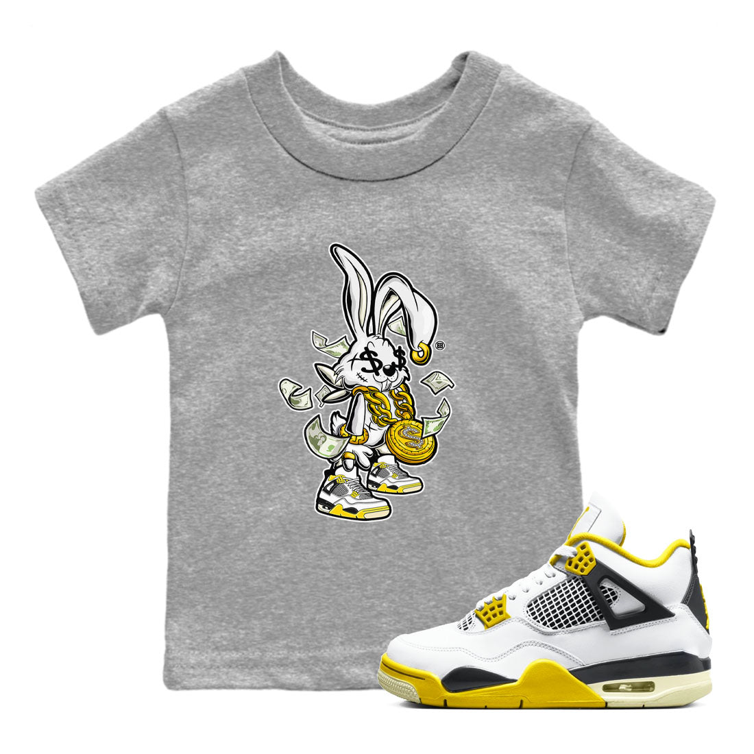 4s Vivid Sulfur shirt to match jordans Rich Bunny sneaker tees Air Jordan 4 Vivid Sulfur SNRT sneaker release tees baby toddler Heather Grey 1 cotton Shirt