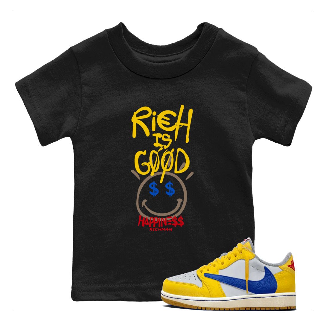 1s Travis Scott Canary shirt to match jordans Rich Is Good sneaker tees Air Jordan 1 Travis Scott Canary SNRT sneaker release tees baby toddler Black 1 cotton Shirt