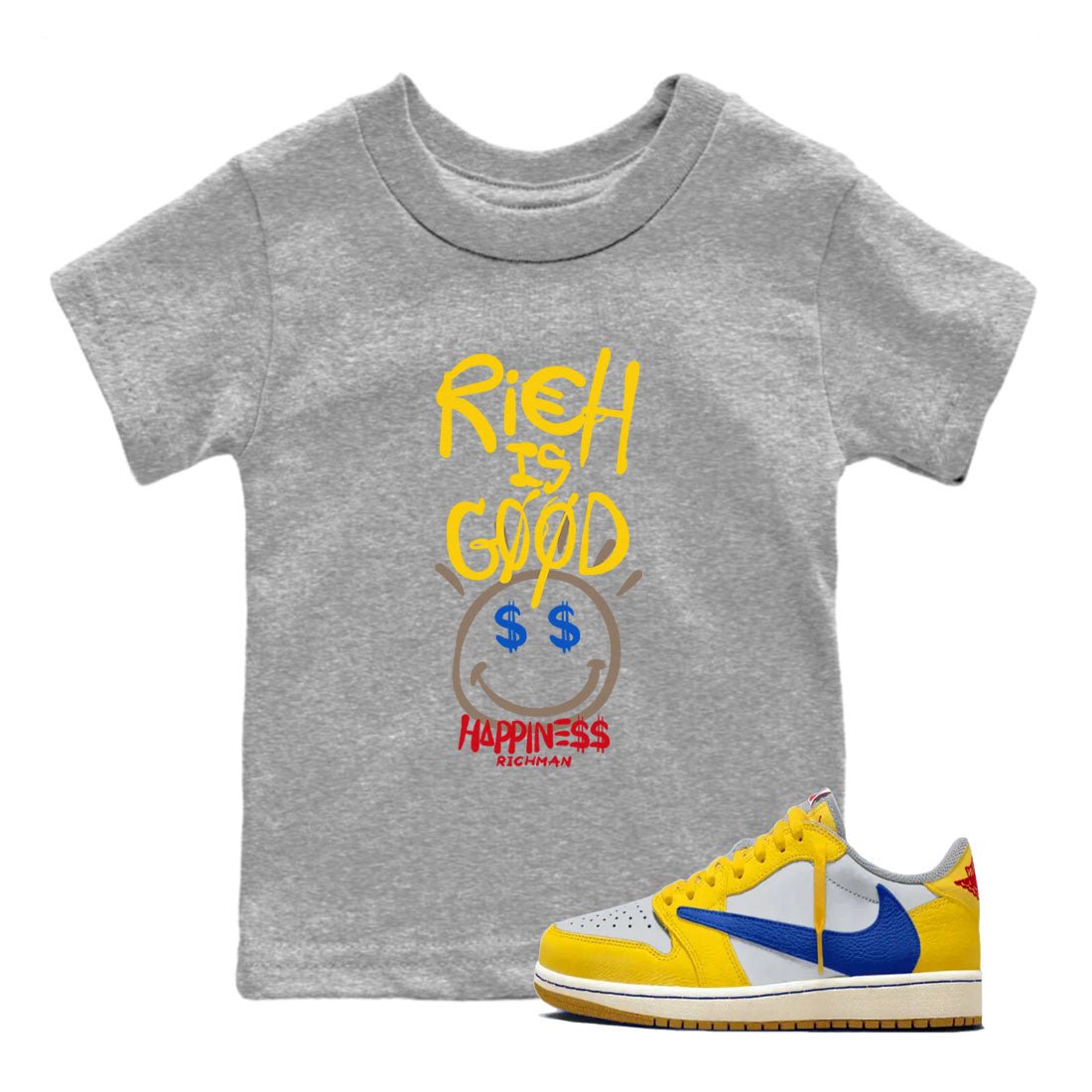 1s Travis Scott Canary shirt to match jordans Rich Is Good sneaker tees Air Jordan 1 Travis Scott Canary SNRT sneaker release tees baby toddler Heather Grey 1 cotton Shirt