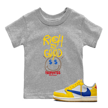 1s Travis Scott Canary shirt to match jordans Rich Is Good sneaker tees Air Jordan 1 Travis Scott Canary SNRT sneaker release tees baby toddler Heather Grey 1 cotton Shirt