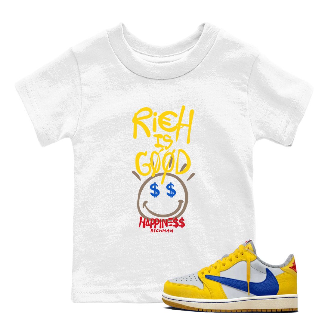 1s Travis Scott Canary shirt to match jordans Rich Is Good sneaker tees Air Jordan 1 Travis Scott Canary SNRT sneaker release tees baby toddler White 1 cotton Shirt