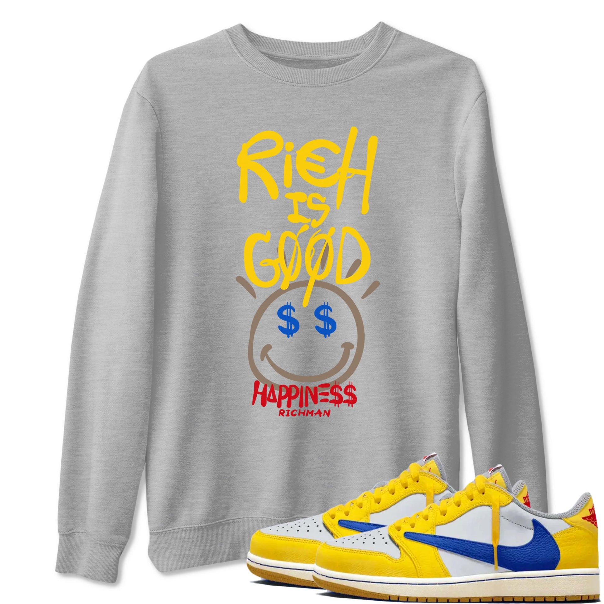 1s Travis Scott Canary shirt to match jordans Rich Is Good sneaker tees Air Jordan 1 Travis Scott Canary SNRT Sneaker Release Tees unisex cotton Heather Grey 1 crew neck shirt