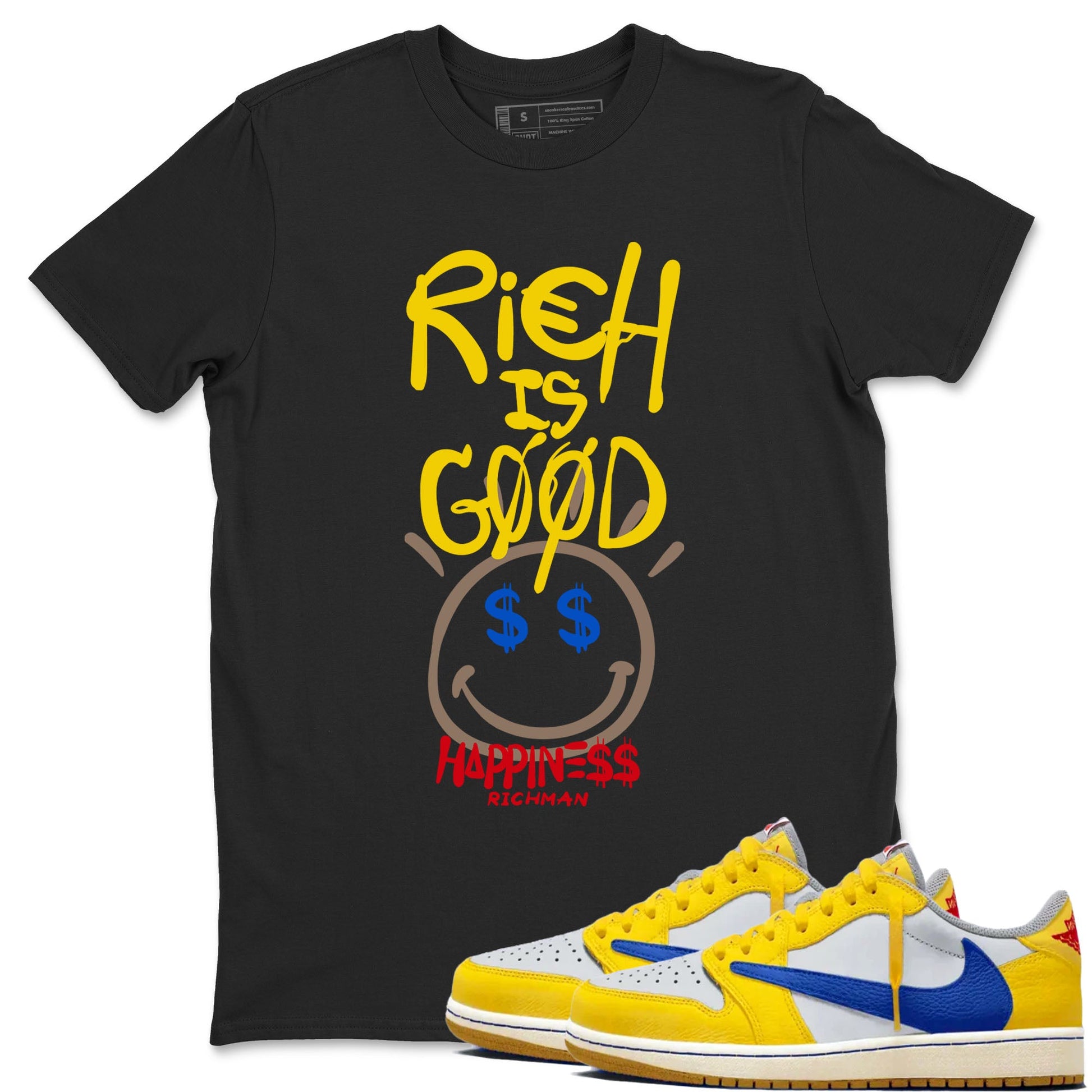 1s Travis Scott Canary shirt to match jordans Rich Is Good sneaker tees Air Jordan 1 Travis Scott Canary SNRT Sneaker Release Tees unisex cotton Black 1 crew neck shirt