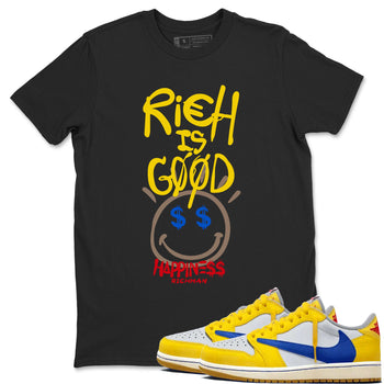 1s Travis Scott Canary shirt to match jordans Rich Is Good sneaker tees Air Jordan 1 Travis Scott Canary SNRT Sneaker Release Tees unisex cotton Black 1 crew neck shirt