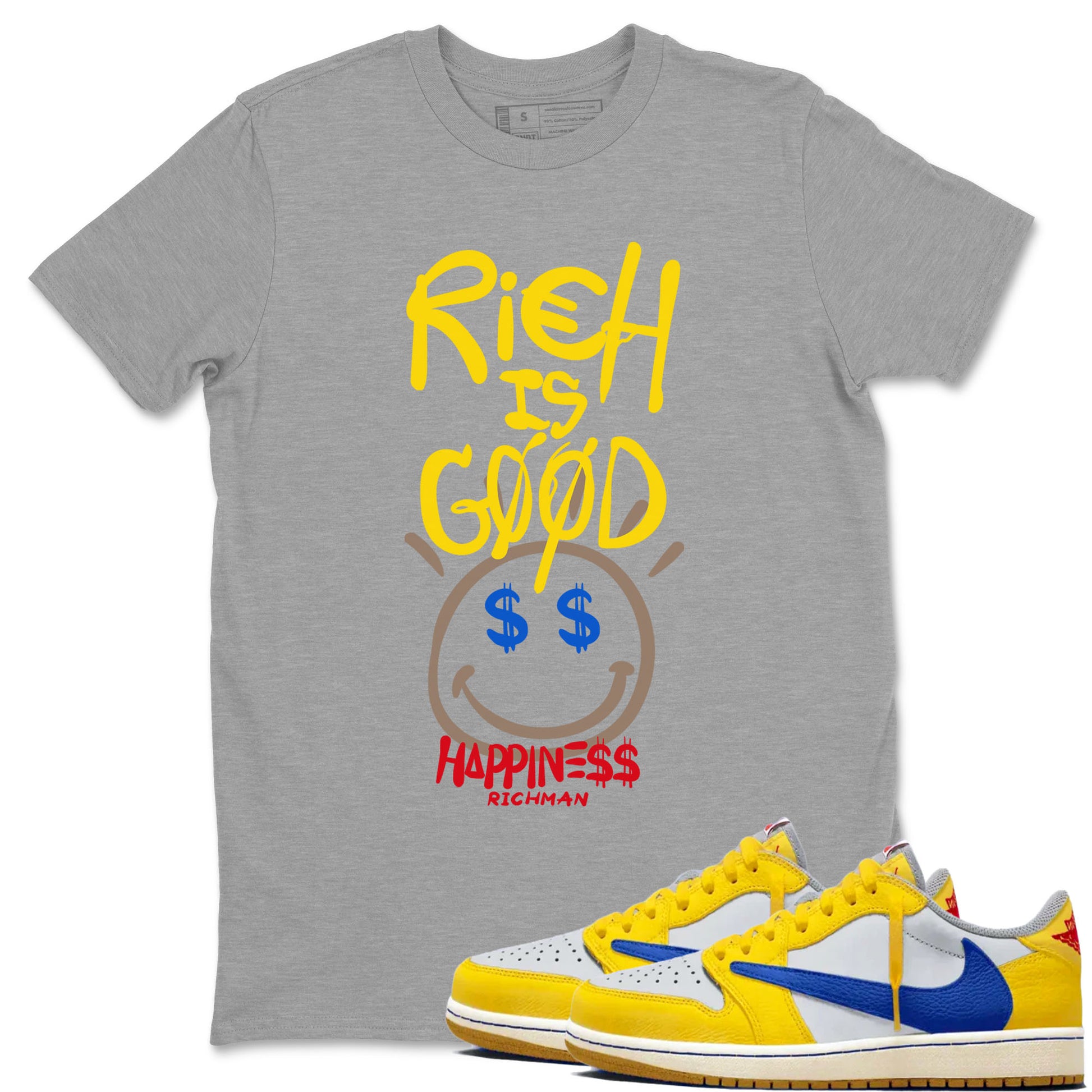 1s Travis Scott Canary shirt to match jordans Rich Is Good sneaker tees Air Jordan 1 Travis Scott Canary SNRT Sneaker Release Tees unisex cotton Heather Grey 1 crew neck shirt