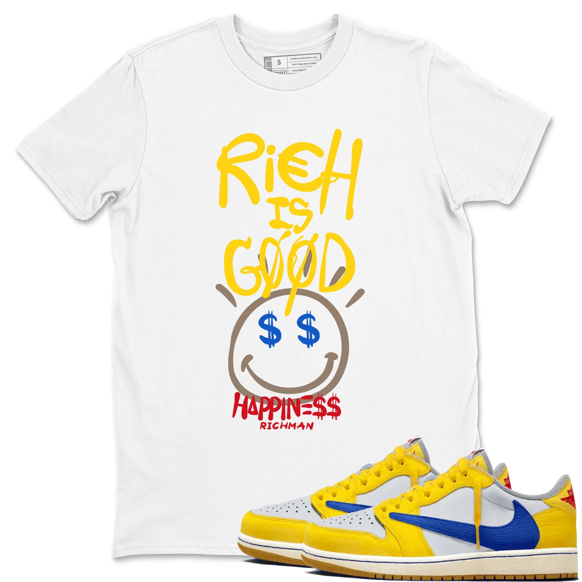 1s Travis Scott Canary shirt to match jordans Rich Is Good sneaker tees Air Jordan 1 Travis Scott Canary SNRT Sneaker Release Tees unisex cotton White 1 crew neck shirt