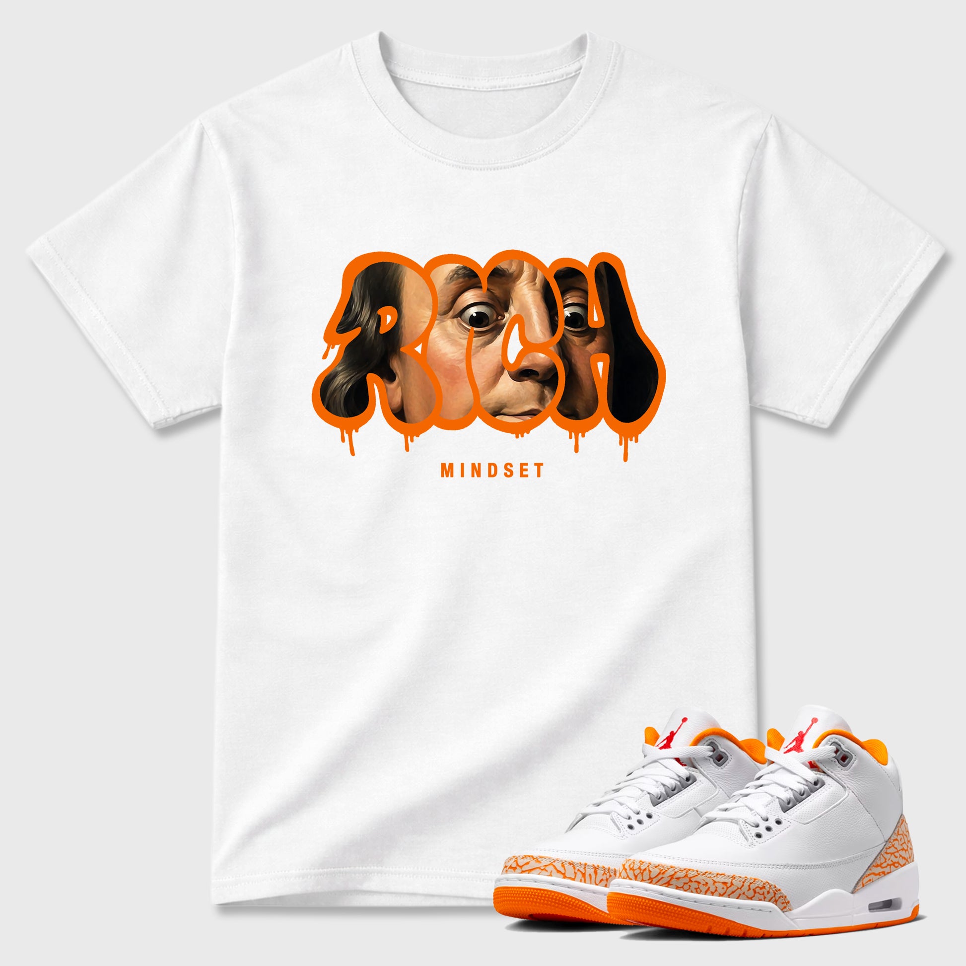 Sneaker match tees – Sneaker Tees To Match Air Jordan 3 Orange Citrus Shoes – Rich Mindset Tee White 1