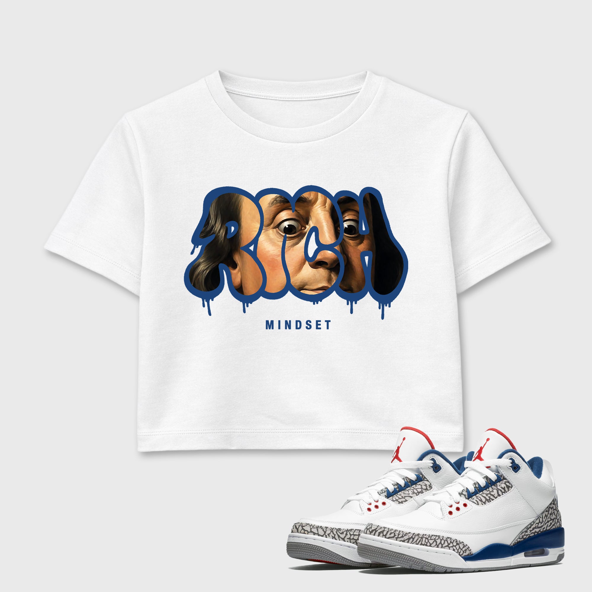 Rich Mindset women’s crop tee designed to match the Air Jordan 3 True Blue, featuring coordinated White 1 options for a perfect streetwear vibe.