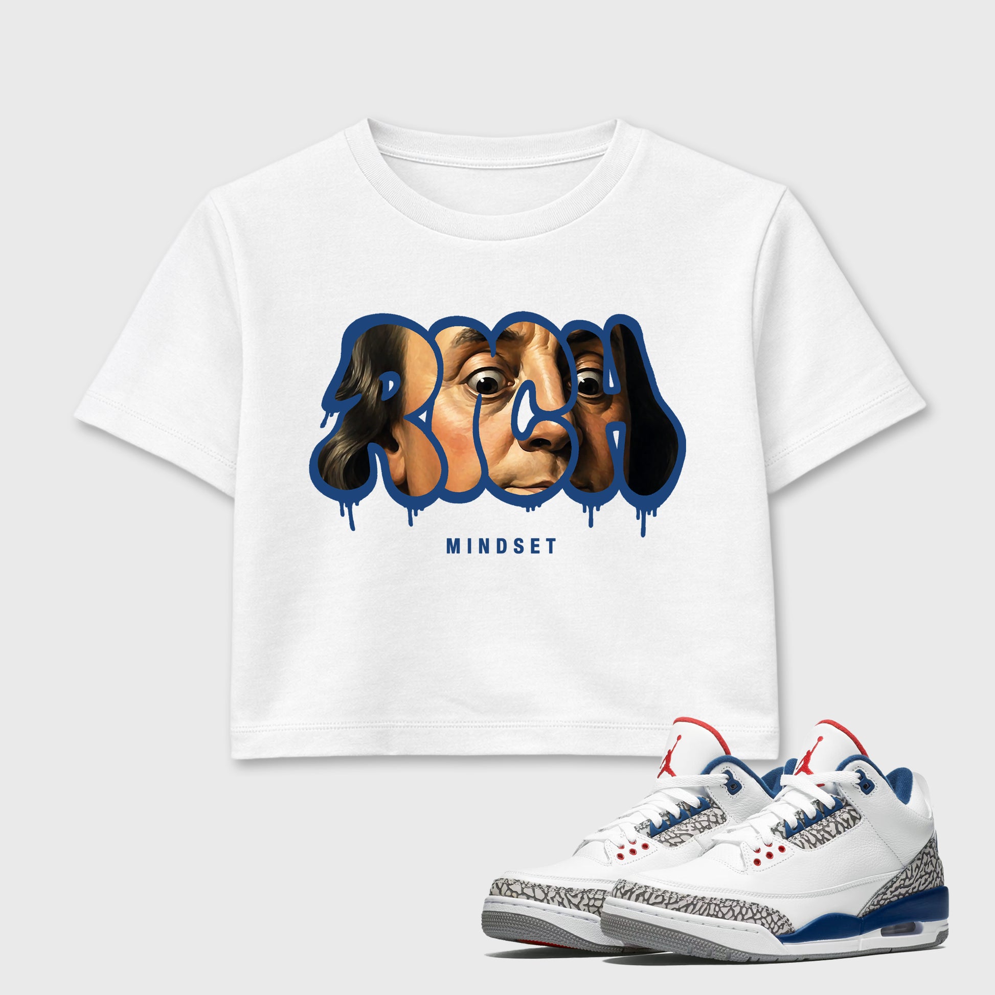Rich Mindset women’s crop tee designed to match the Air Jordan 3 True Blue, featuring coordinated White 1 options for a perfect streetwear vibe.