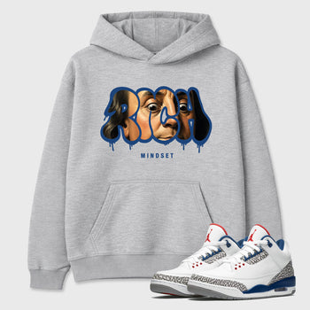 Rich Mindset Graphic T-Shirt sneaker match tee designed for the Air Jordan 3 True Blue, featuring coordinated color options for a perfect streetwear match. Heather Grey 1 shirt.