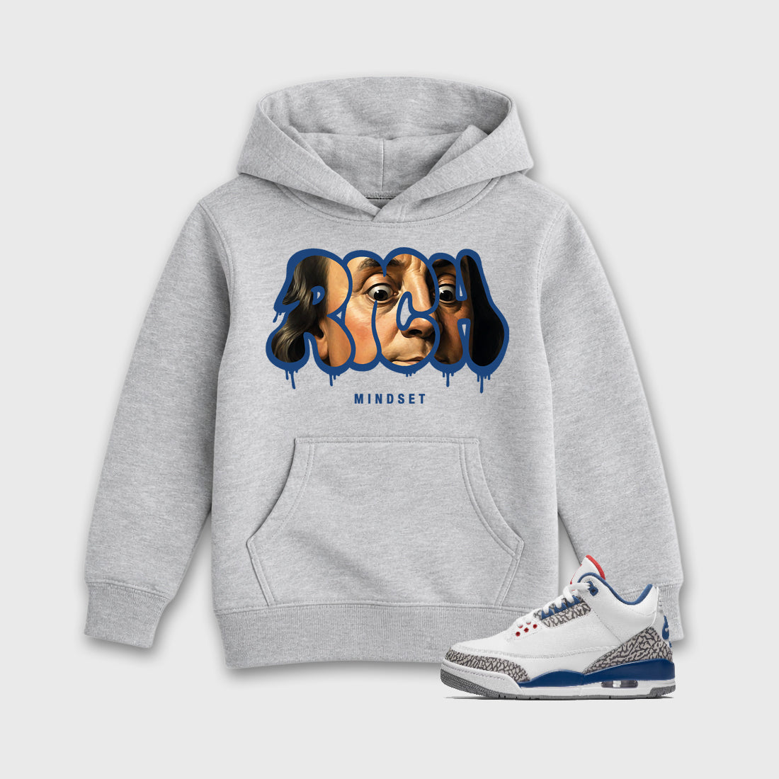 Rich Mindset affordable baby and kids t-shirt designed to match the Air Jordan 3 True Blue, featuring coordinated Heather Grey 1 options for the perfect little sneakerhead streetwear look.