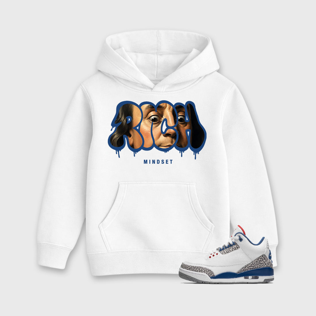 Rich Mindset affordable baby and kids t-shirt designed to match the Air Jordan 3 True Blue, featuring coordinated White 1 options for the perfect little sneakerhead streetwear look.