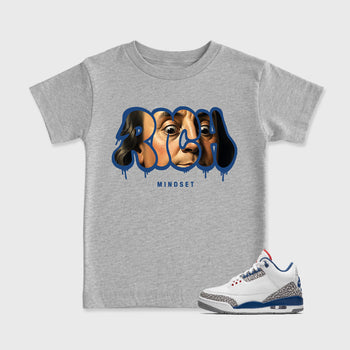 Rich Mindset affordable baby and kids t-shirt designed to match the Air Jordan 3 True Blue, featuring coordinated Heather Grey 1 options for the perfect little sneakerhead streetwear look.