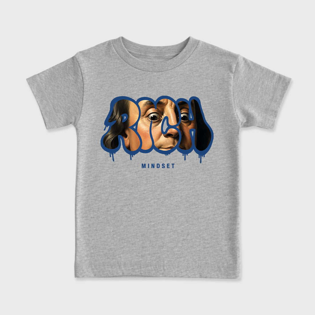 Rich Mindset affordable baby and kids t-shirt designed to match the Air Jordan 3 True Blue, featuring coordinated Heather Grey 2 options for the perfect little sneakerhead streetwear look.