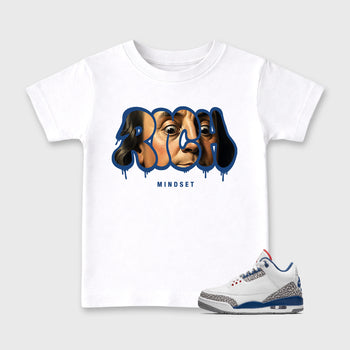 Rich Mindset affordable baby and kids t-shirt designed to match the Air Jordan 3 True Blue, featuring coordinated White 1 options for the perfect little sneakerhead streetwear look.