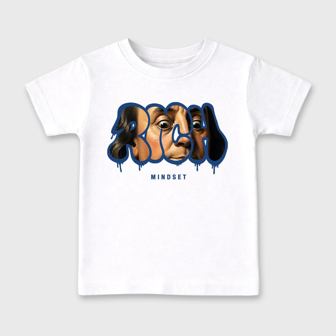 Rich Mindset affordable baby and kids t-shirt designed to match the Air Jordan 3 True Blue, featuring coordinated White 2 options for the perfect little sneakerhead streetwear look.
