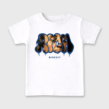 Rich Mindset affordable baby and kids t-shirt designed to match the Air Jordan 3 True Blue, featuring coordinated White 2 options for the perfect little sneakerhead streetwear look.