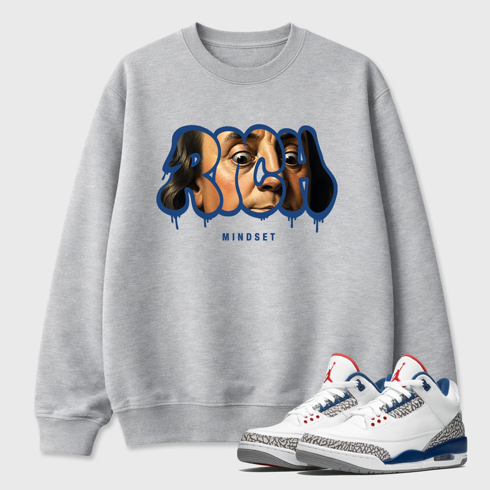 Rich Mindset Graphic T-Shirt sneaker match tee designed for the Air Jordan 3 True Blue, featuring coordinated color options for a perfect streetwear match. Heather Grey 1 shirt.