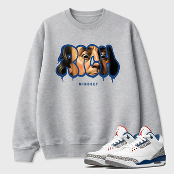 Rich Mindset Graphic T-Shirt sneaker match tee designed for the Air Jordan 3 True Blue, featuring coordinated color options for a perfect streetwear match. Heather Grey 1 shirt.