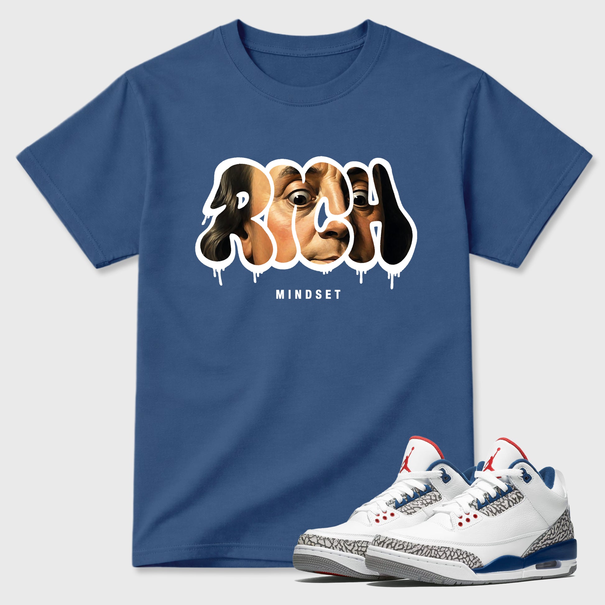 Rich Mindset Graphic T-Shirt sneaker match tee designed for the Air Jordan 3 True Blue, featuring coordinated color options for a perfect streetwear match. Denim Blue 1 shirt.