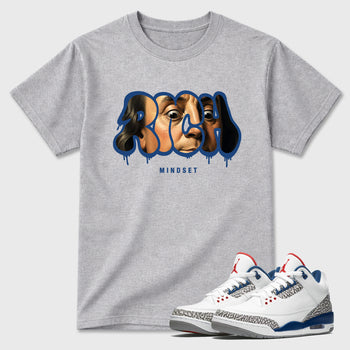Rich Mindset Graphic T-Shirt sneaker match tee designed for the Air Jordan 3 True Blue, featuring coordinated color options for a perfect streetwear match. Heather Grey 1 shirt.