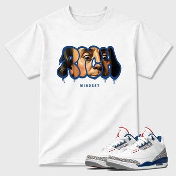 Rich Mindset Graphic T-Shirt sneaker match tee designed for the Air Jordan 3 True Blue, featuring coordinated color options for a perfect streetwear match. White 1 shirt.