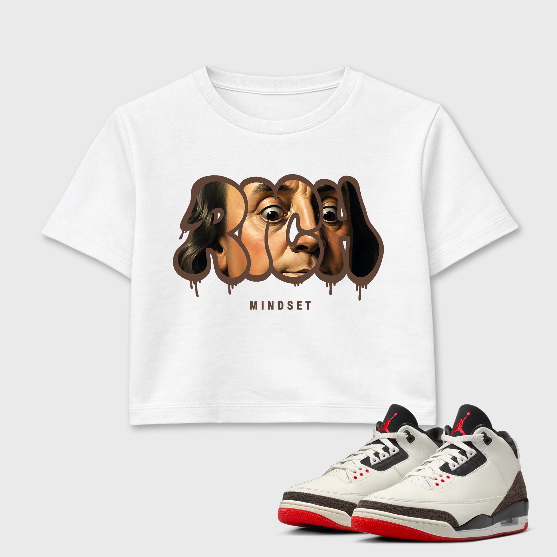 Rich Mindset women’s crop tee designed to match the Air Jordan 3 World's Best Dad, featuring coordinated White 1 options for a perfect streetwear vibe.