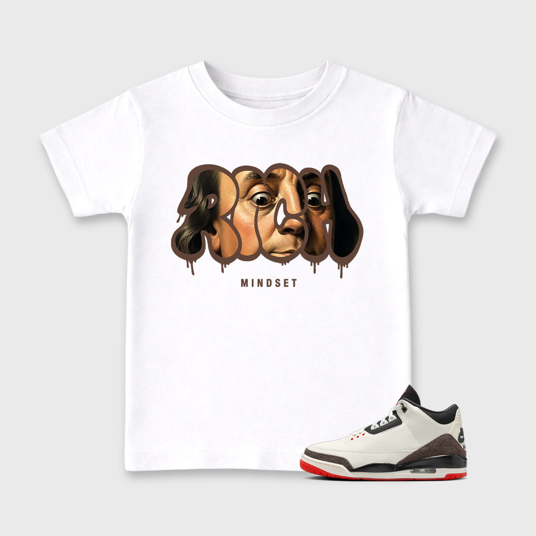 Rich Mindset affordable baby and kids t-shirt designed to match the Air Jordan 3 World's Best Dad, featuring coordinated White 1 options for the perfect little sneakerhead streetwear look.