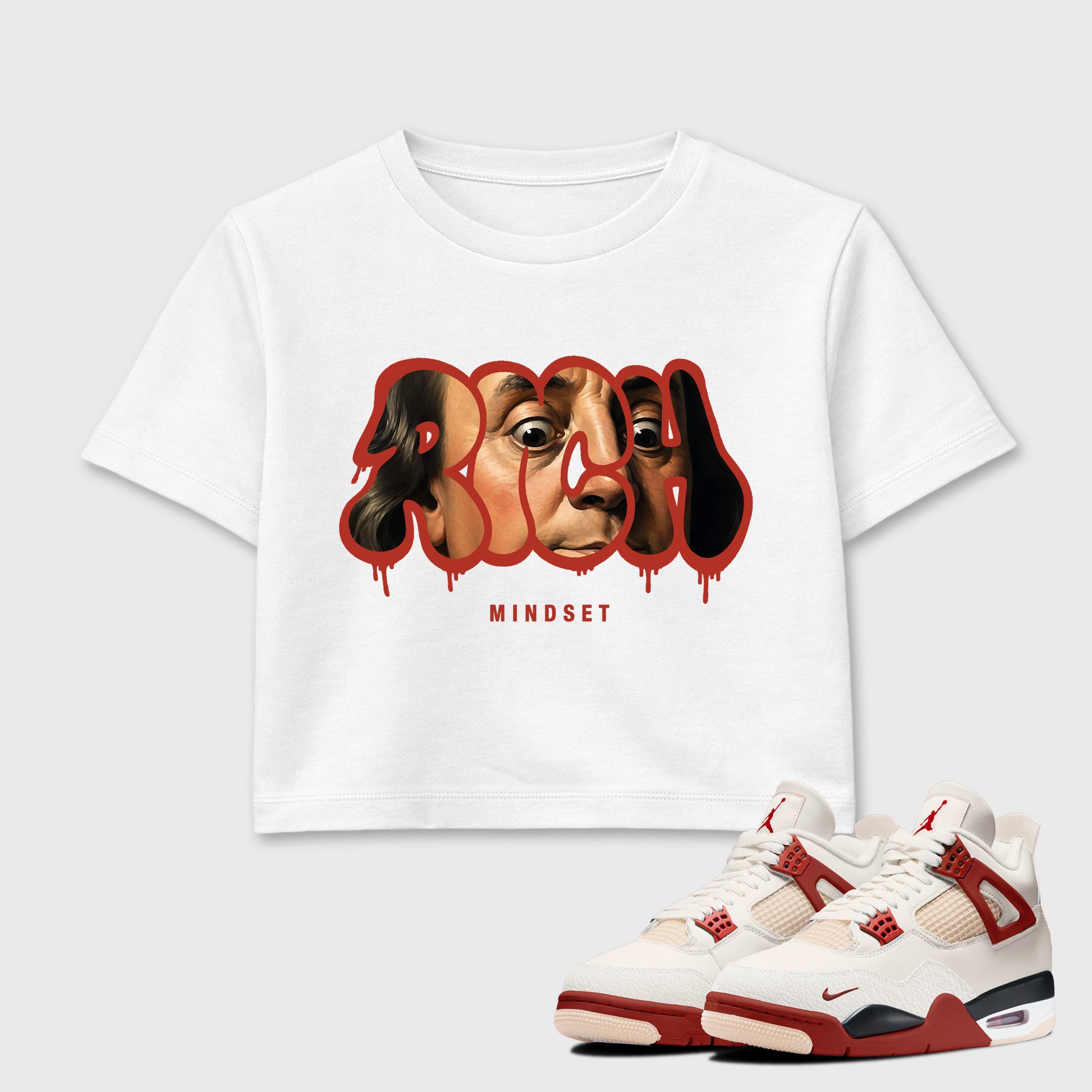 Sneaker match tees – Sneaker Tees To Match Air Jordan 4 Brick After Brick Shoes – Rich Mindset Crop T-Shirt White 1