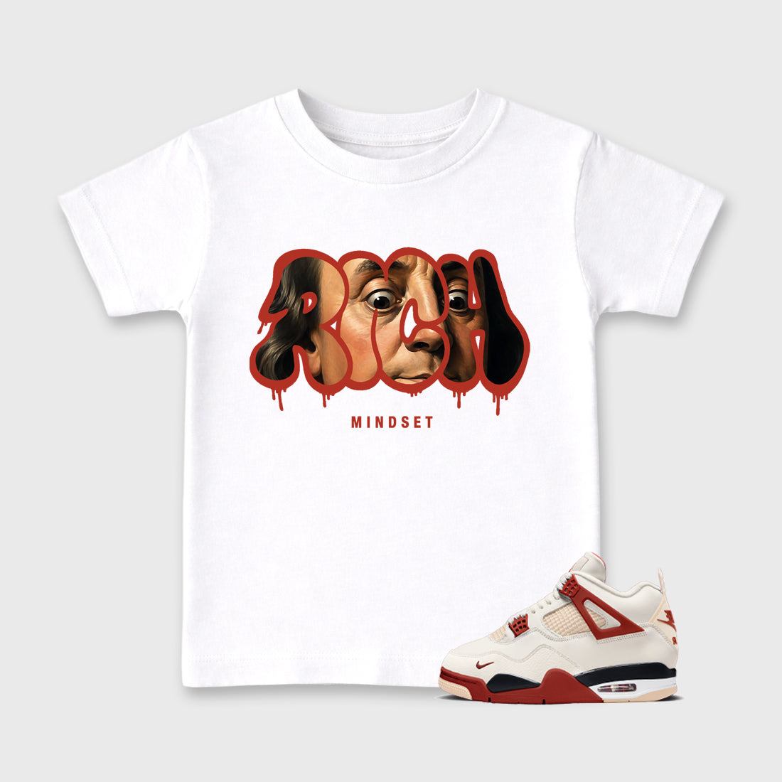 Sneaker match tees – Sneaker Tees To Match Air Jordan 4 Brick After Brick Shoes – Rich Mindset Kids T-Shirt White 1