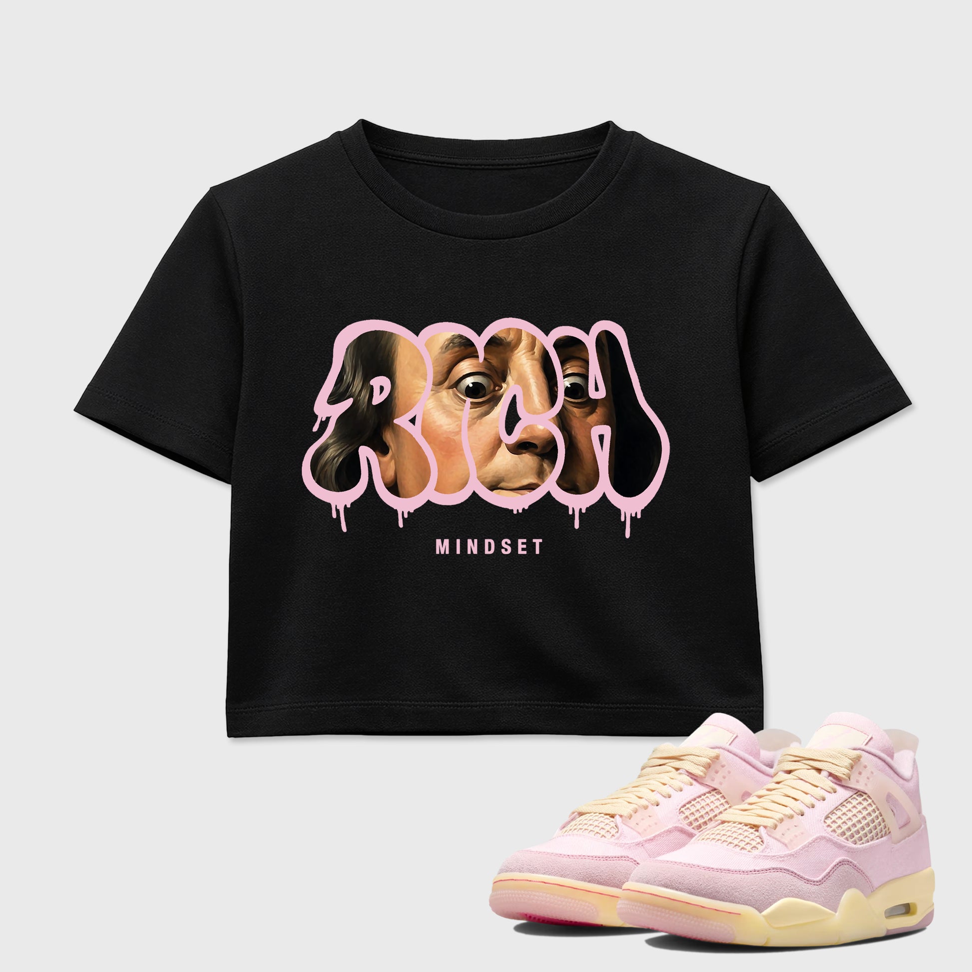 Sneaker match tees – Sneaker Tees To Match Air Jordan 4 Iced Carmine Shoes – Rich Mindset Crop T-Shirt Black 1