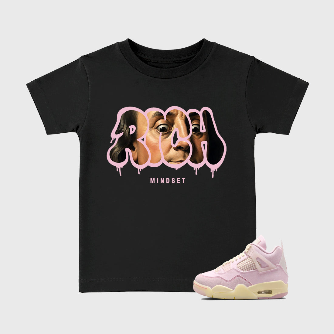 Sneaker match tees – Sneaker Tees To Match Air Jordan 4 Iced Carmine Shoes – Rich Mindset Kids T-Shirt Black 1