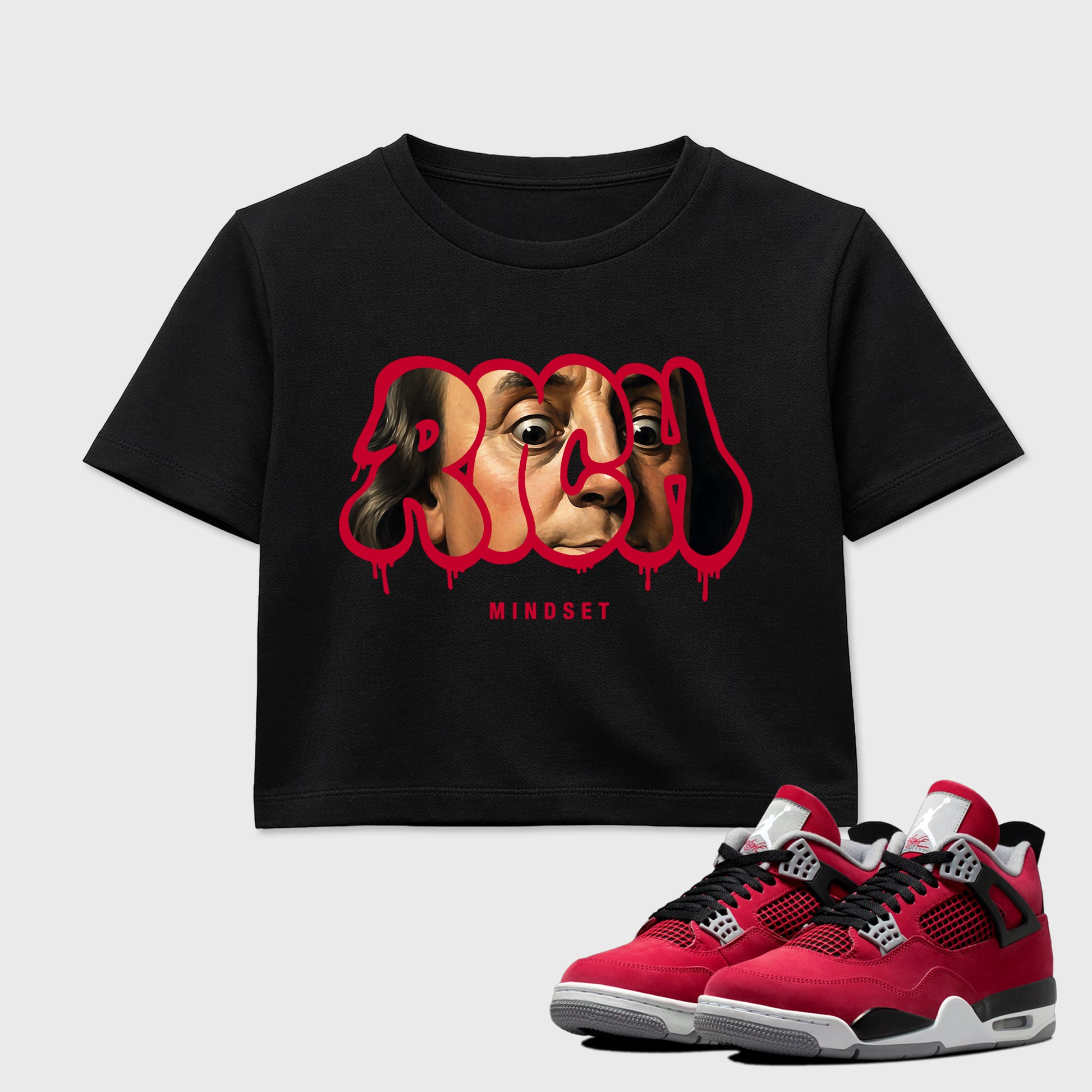 Sneaker match tees – Sneaker Tees To Match Air Jordan 4 Toro Bravo Shoes – Rich Mindset Crop T-Shirt Black 1