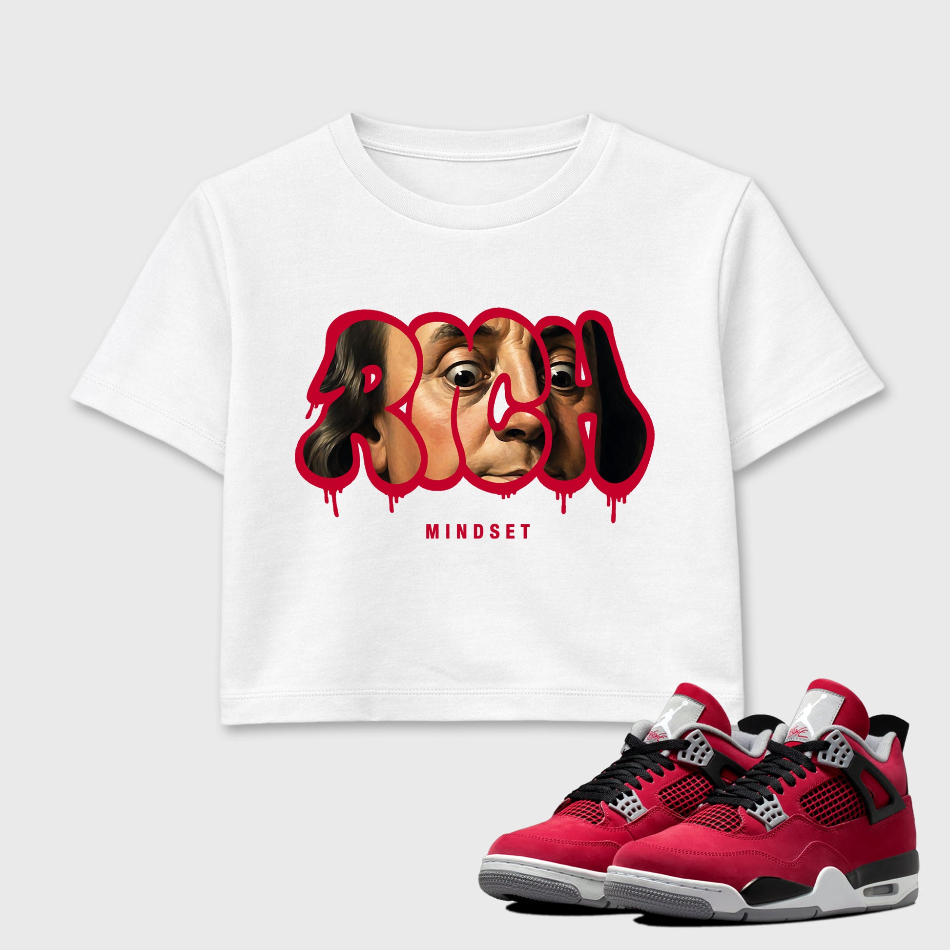 Sneaker match tees – Sneaker Tees To Match Air Jordan 4 Toro Bravo Shoes – Rich Mindset Crop T-Shirt White 1