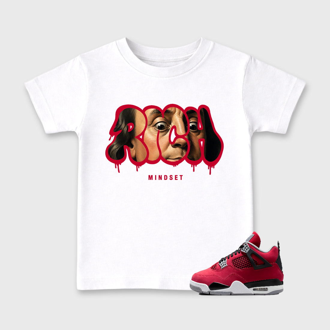 Sneaker match tees – Sneaker Tees To Match Air Jordan 4 Toro Bravo Shoes – Rich Mindset Kids T-Shirt White 1
